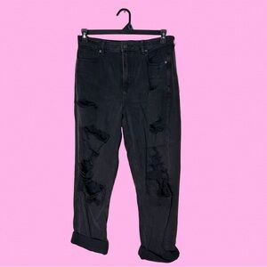 American Eagle Black Distressed Comfort Stretch Waistband Mom Jean
